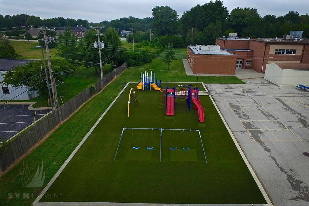 aerial image of playground with synthetic play grass