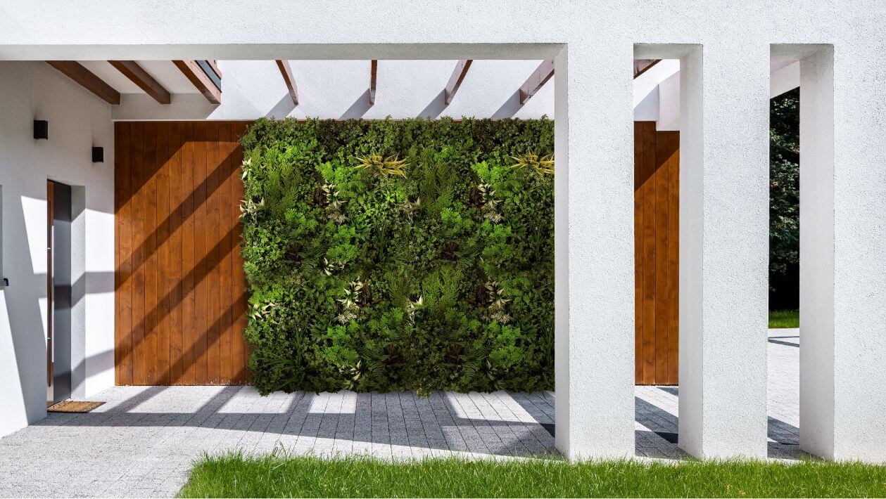 CalicoGreens_Wall_3 Shaded outdoor wall covered with artificial green plants
