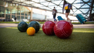Up close shot of bocce balls on artificial grass